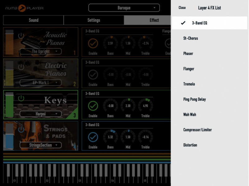 Sección FX de Numa Player